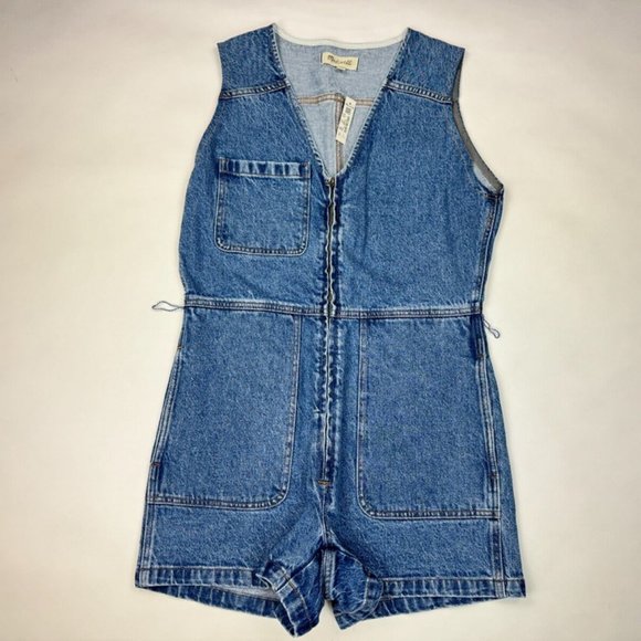 Madewell Zip-Front Denim Romper Women 6 NWT V-neck Pockets Sleeveless NE766‎ - Picture 1 of 12